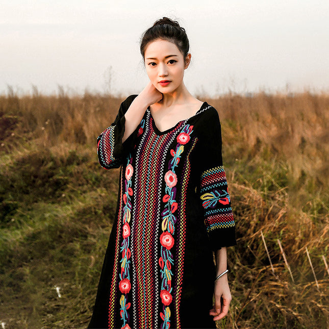 Resort Style Heavy Industry Flower Embroidered Fringed V Neck Dress